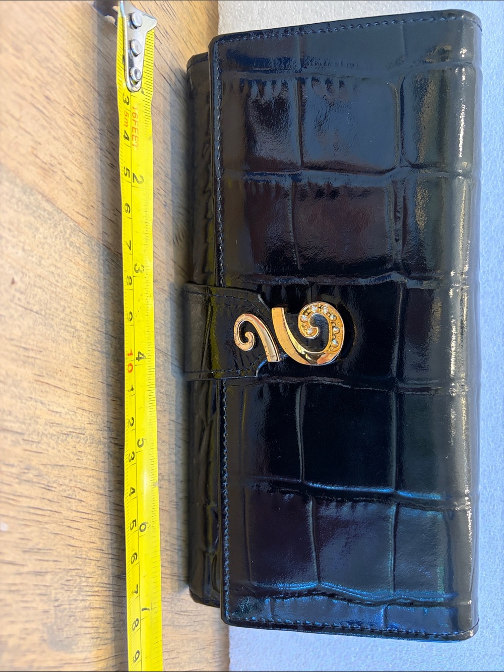 Italian leather Black Croc-Embossed Patent Wallet with Gold Swirl Clasp